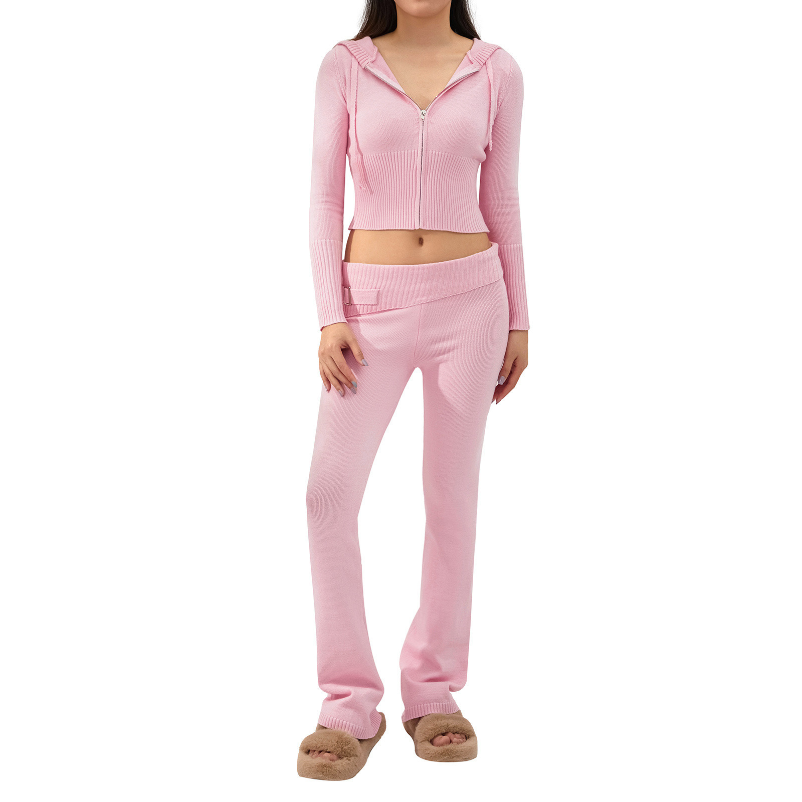 Women's Knitted Hooded Suit Women's Fashion Sexy High Waist Long Sleeve Pants Two Piece Set_voghion.com