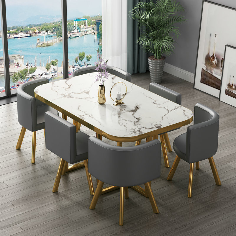 150*90 imitación piedra patrón Phnom Penh cuero gris oscuro una mesa seis sillas estante dorado
