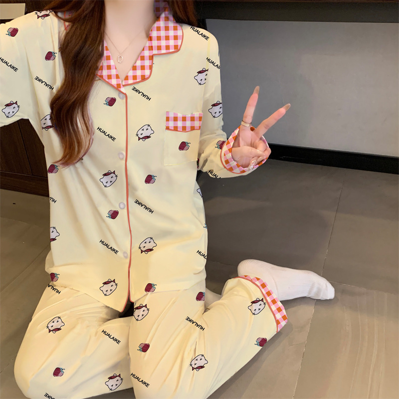 Korean-Style Ins-Style Pajamas, New Spring Collection, Strawberry and Kitten Design, High-Quality Long-Sleeve and Long-Pants Set, Loungewear Wholesale Korean-Style Ins-Style Pajamas, New Spring Collection, Strawberry and Kitten Design, High-Quality Long-Sleeve and Long-Pants Set, Loungewear Wholesale