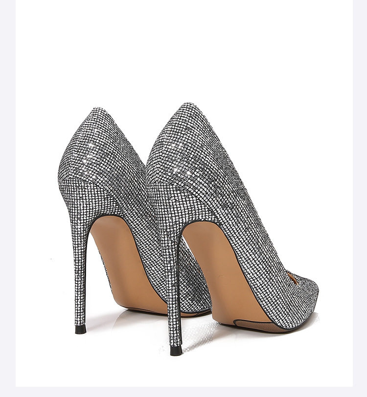Giày cao gót nữ mũi nhọn gót siêu cao phủ sequins lấp lánh phong cách Âu Mỹ — Màu bạc, Màu sắc, Màu vàng, Màu đỏ chi tiết 30