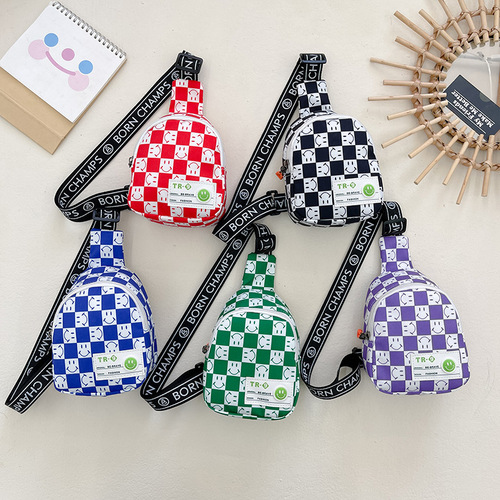 Children's bags, cute boys' cross-body bags, fashionable and personalized checkerboard small chest bags, handsome baby printed shoulder bags