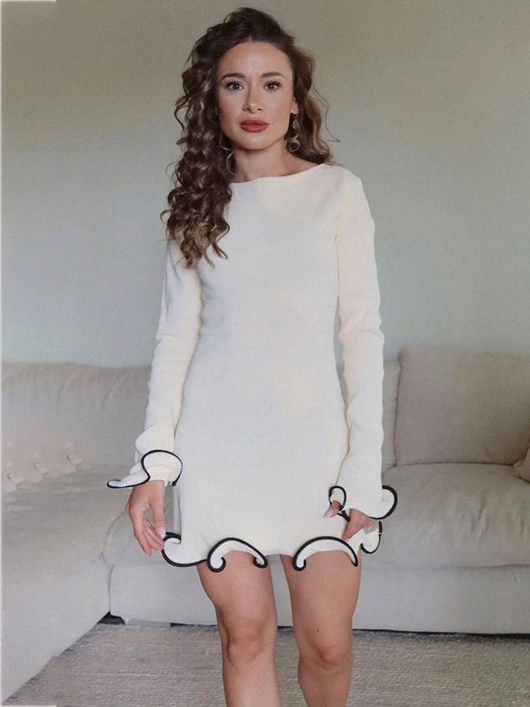 252g Weight Wholesale Women's Elegant Jacquard Contrast Binding Color Block Casual Holiday Round Neck Long Sleeve Sheath Dress