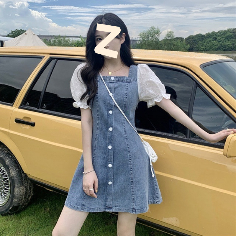 薄款夏季连衣裙收腰牛仔短袖初恋系裙子甜美蕾丝拼接宽松锁骨显瘦