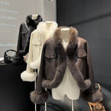 美拉德复合毛毛外套女春夏新款麂皮绒短款狐狸毛皮草上衣