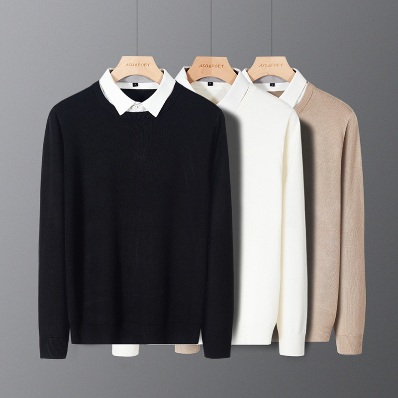 Fake two-piece sweater men's autumn and winter black shirt collar men's inner bottoming top sweater overalls customization