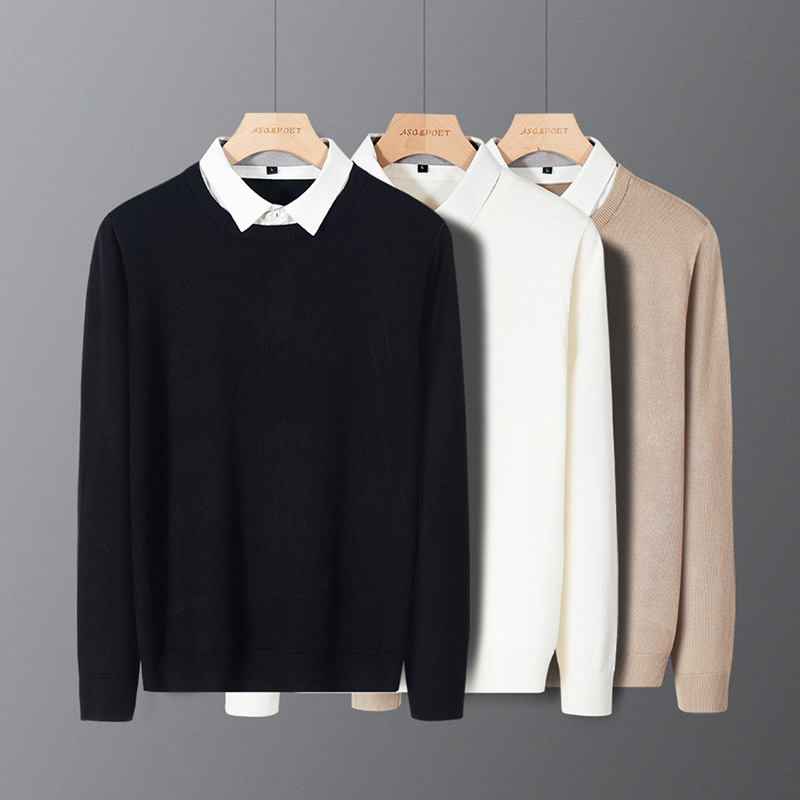 Fake two-piece sweater men's autumn and winter black shirt collar men's inner bottoming top sweater overalls customization