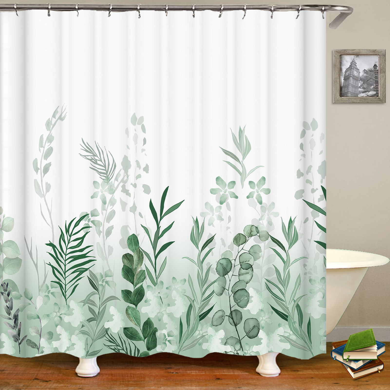 Scandinavian cross-border digital polyester bathroom green plant shower curtain with white C-shaped plastic hooks, bulk discount available