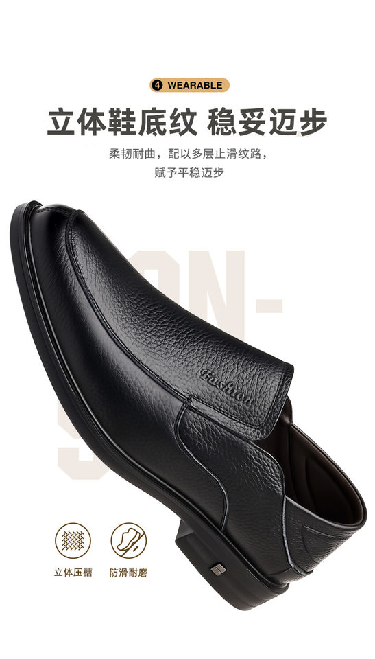 Giày lười nam da bò lớp đầu, đế mềm thân mềm, gót thấp 1–3 cm, kiểu mũi tròn cổ thấp — DT9602 màu đen chi tiết 3
