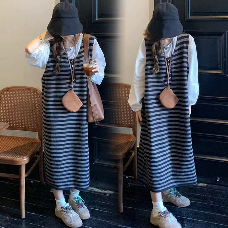孕妇秋装2025新款潮妈孕期穿搭上衣条纹背带裙子套装早秋季连衣裙|undefined