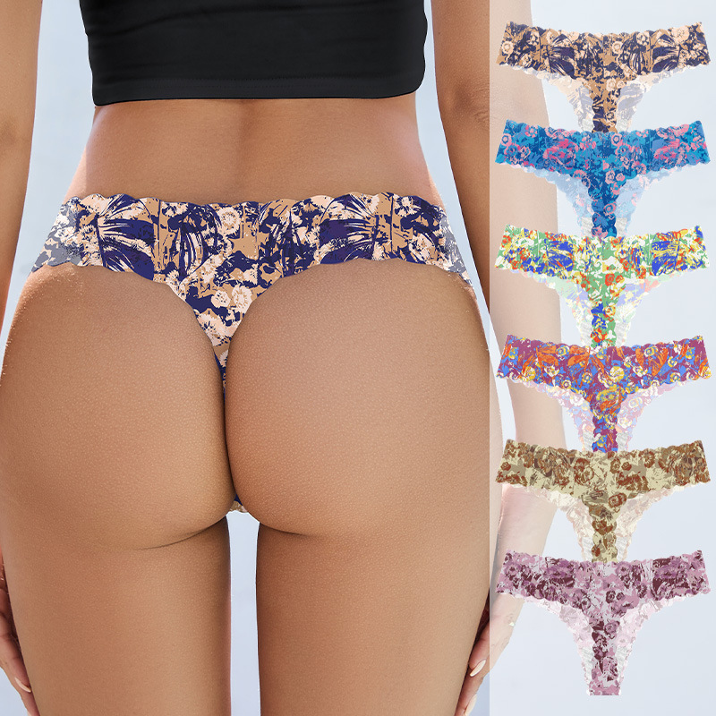 Europa y los Estados Unidos invisibles ondulados impresión sin marcas en forma de T pantalones transpirables de cintura baja deportivo sexy thongs mujeres