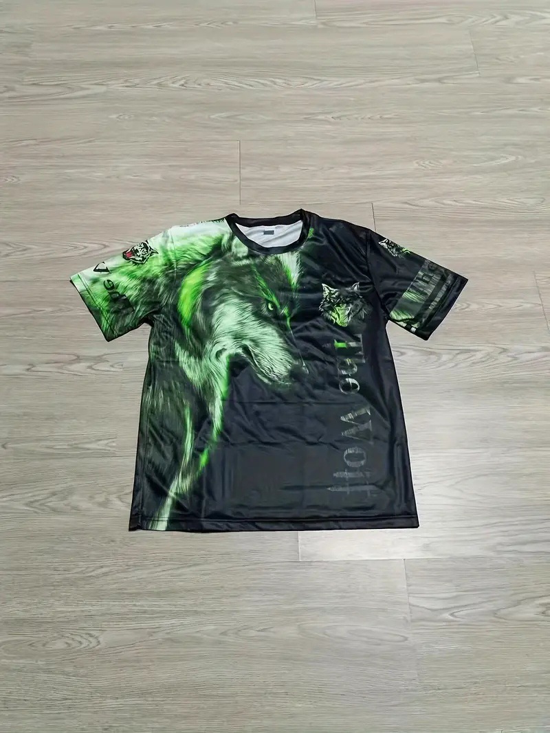 Eslóganes de lobo transfronterizo de AliExpress de Europa y América estampados en 3D Personalidad de la calle principal de los hombres Camiseta suelta de manga corta con cuello redondo