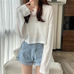 新しい長袖日焼け止めブラウス 2024 夏薄い韓国スタイルルーズ多用途ラウンドネックショート Tシャツ女性のためのトレンディな