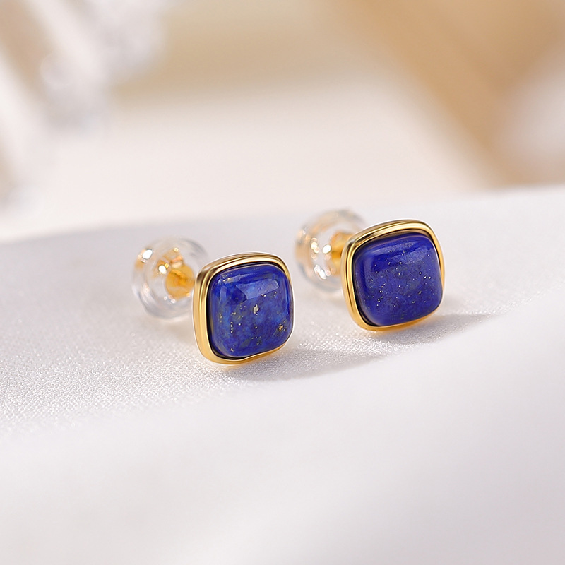 Khuyên tai bạc S925 mạ vàng đính đá lapis lazuli hình vuông vintage — Cặp đôi