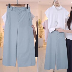 黄色の女性用8点ワイドレッグパンツ、夏用薄手2025新作シワ防止アイスシルクスーツパンツ、後ろが伸縮性のあるカジュアルパンツ