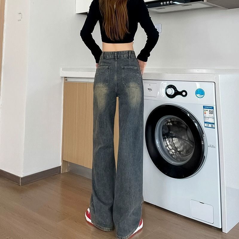 加绒高腰窄版阔腿牛仔裤女秋冬季2025年新款直筒宽松小个子拖地裤|undefined