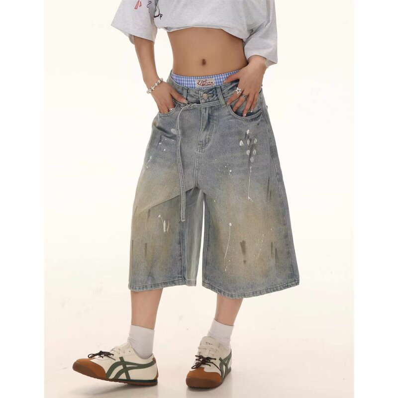 Summer Retro Splash Ink Washed Blue Denim Shorts for Men and Women American Street Loose Design Cropped Pants Summer Retro Splash Ink Washed Blue Denim Shorts for Men and Women American Street Loose Design Cropped Pants