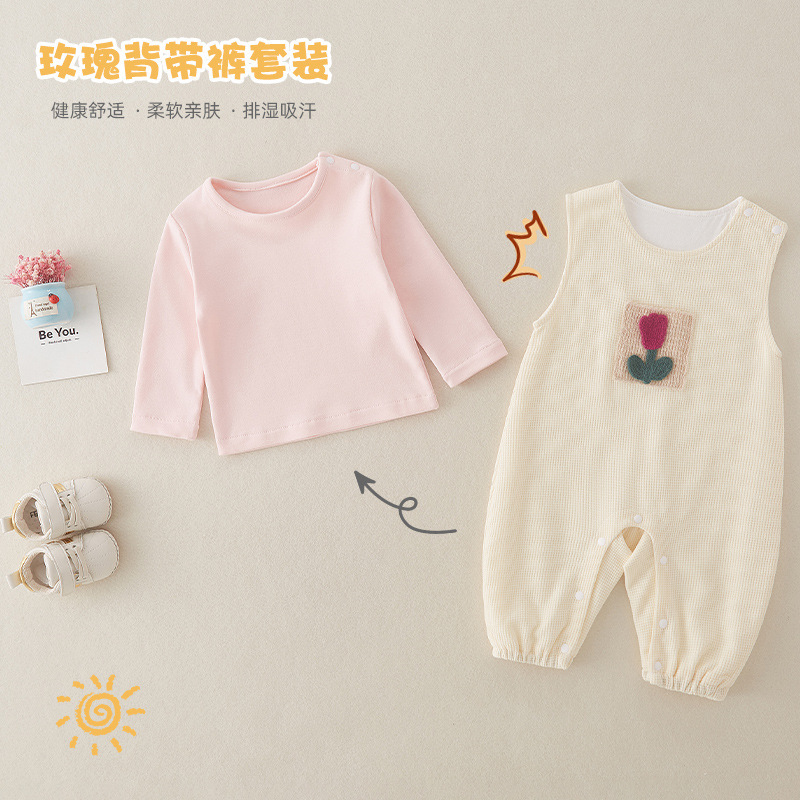 Traje de una pieza para bebé, top rosa para bebés y niños pequeños con tirantes de flores, pantalones de pedo, mameluco