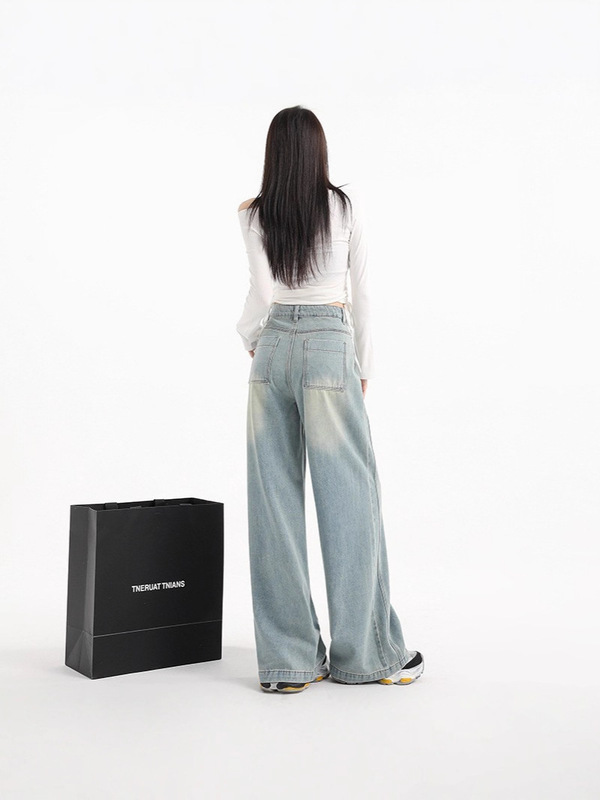 春の新作ハイウエストデニムワイドレッグパンツ、女性用、ゆったりとしたライトブルーのパンツ、ダメージ加工ウォッシュフロアレングスパンツ|undefined