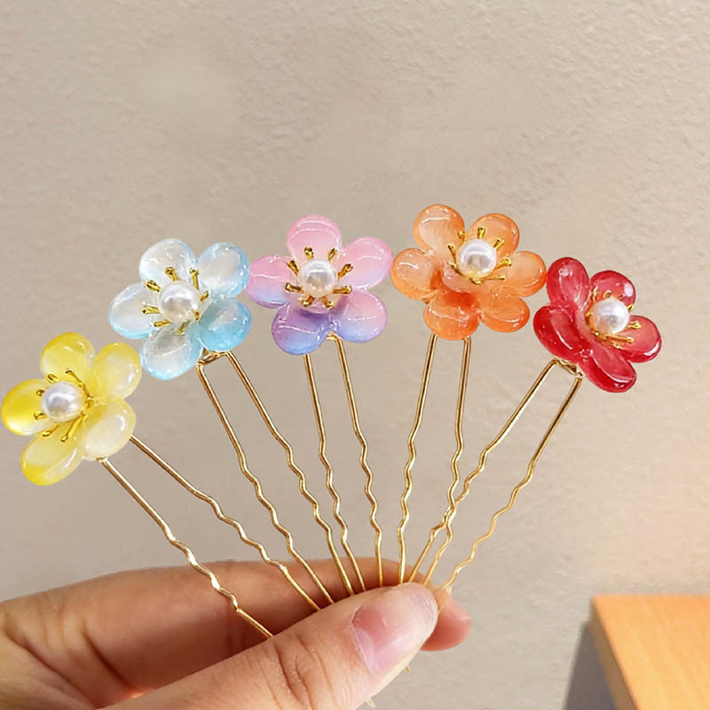 厂家批发古风琉璃小花发簪U型发钗渐变立体珍珠花朵汉服百搭发饰