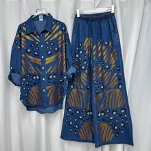 亚马逊跨境外贸欧洲站翻领长袖上衣高腰直筒裤显瘦牛仔休闲两件套