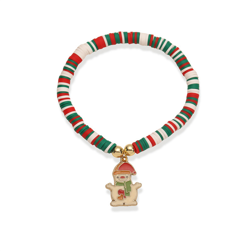 Fabricante de pulseras navideñas con cuentas de arcilla suave populares en Europa y América, chapado en aleación, con diseño de gota de aceite y campana de árbol de Navidad, en stock.