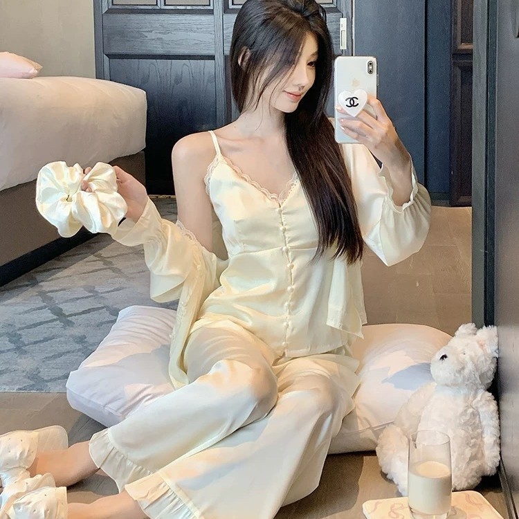 2025년 신형 여성용 아이스 실크 잠옷, 긴팔 바지, 고급스럽고 심플하고 편안하며 얇은 홈웨어 세트, 야외에서 착용 가능
