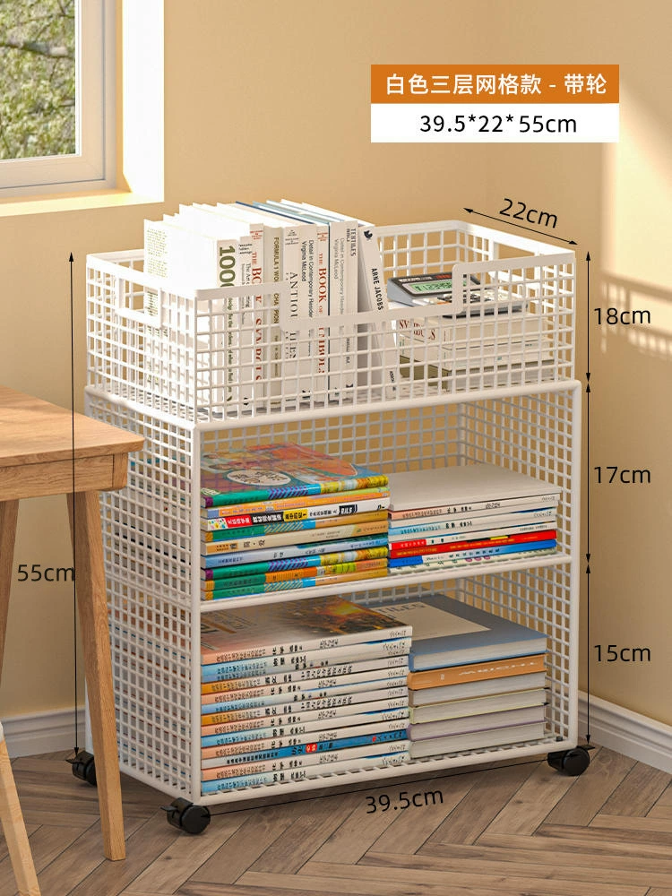 Small movable bookshelf, desktop-to-floor storage with wheels, multi-tier compact organizer