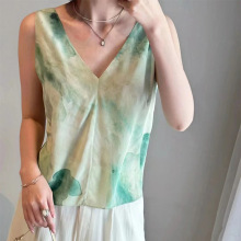 西班牙小众水墨晕染真丝背心2025新款复古时尚v领吊带外穿打底夏