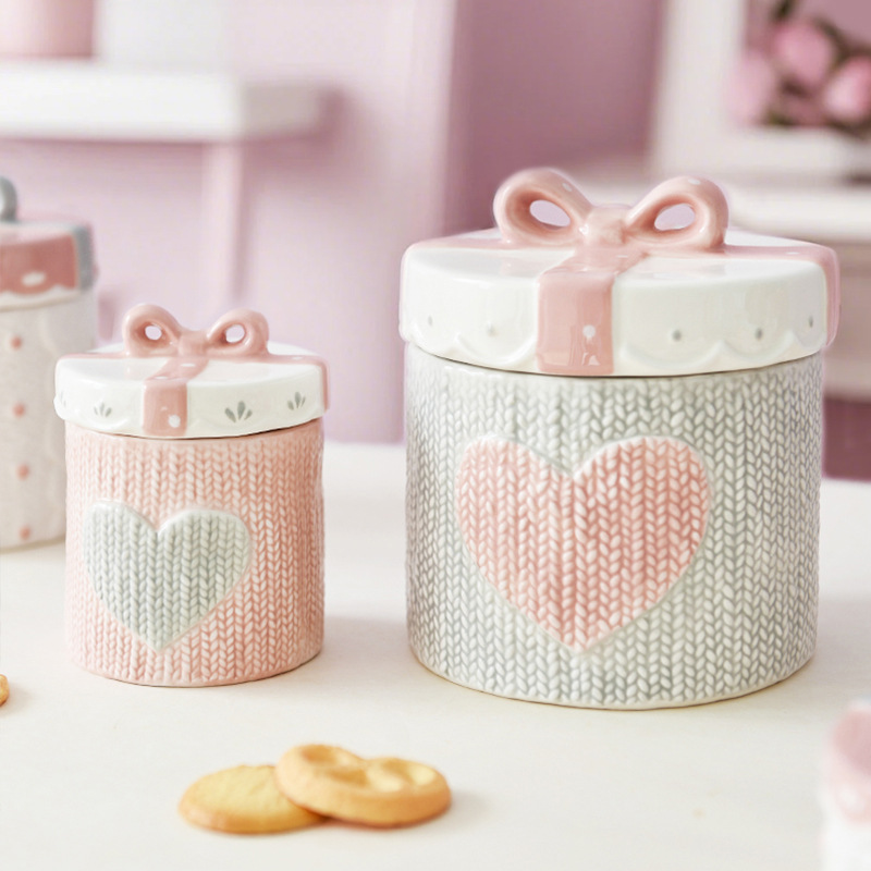 Boda americana Día de San Valentín rosa corazón de la niña cerámica sellado lata de almacenamiento lata de almacenamiento puede esmaltado bajo el proceso de color