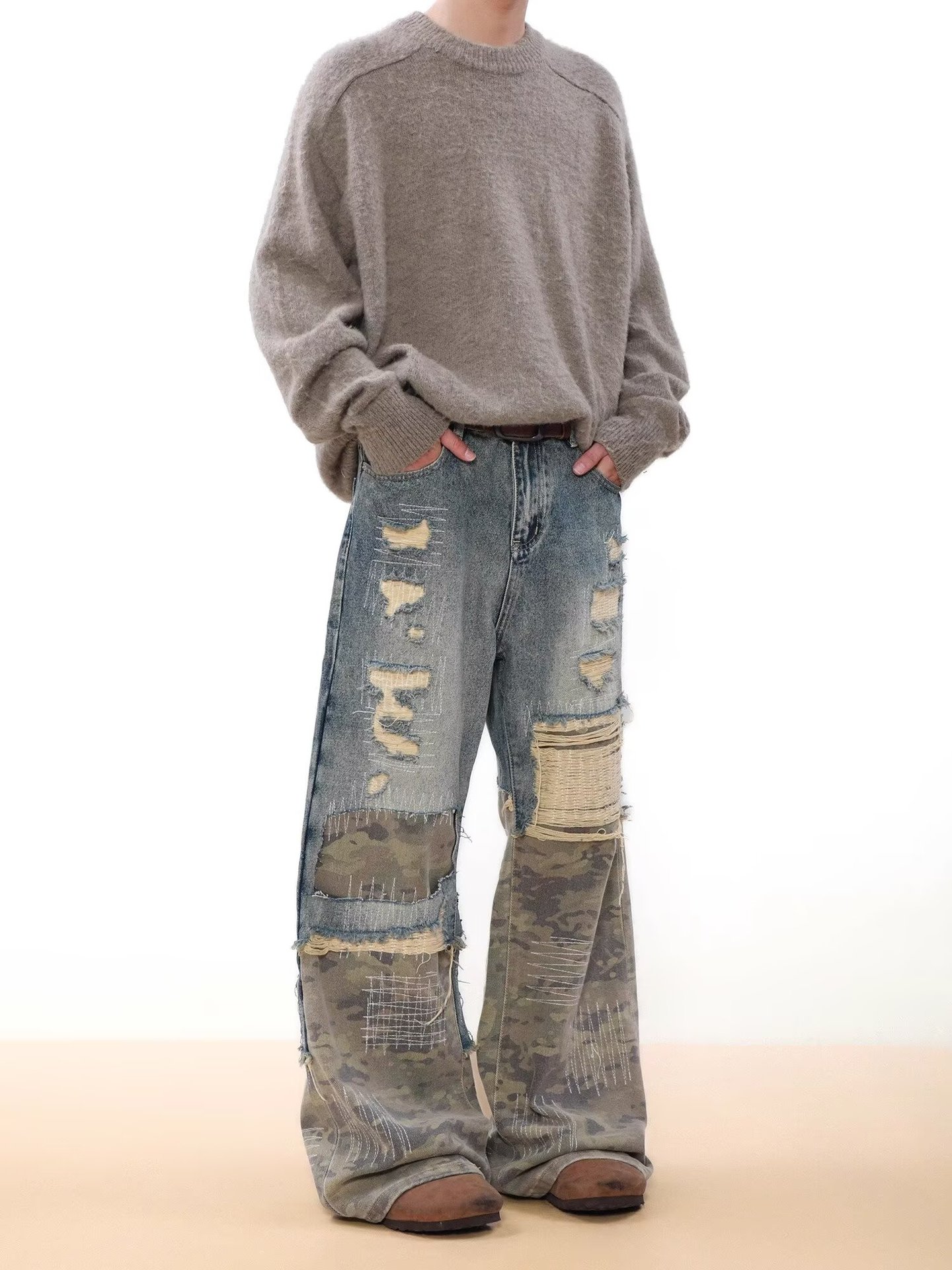 Jeans uomo vintage denim distressed patchwork camouflage blu_voghion.com