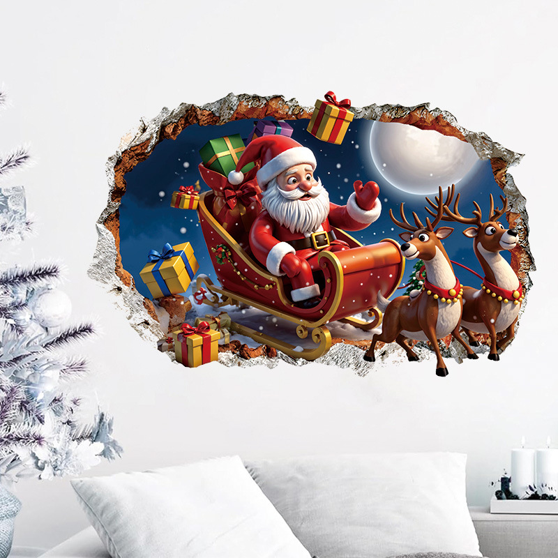 Christmas 3D Decoration For Living Room, PVC Self-Adhesive Santa Claus And Reindeer Holiday Wall Stickers_voghion.com