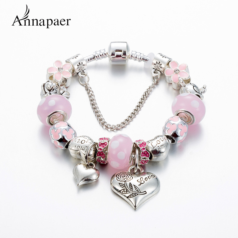 Beaded Charm Bracelet With Pink Flower & Silver Love Pendant_voghion.com