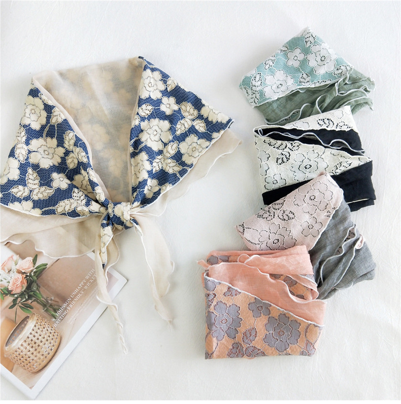 New Flower Triangle Stitching Cotton Scarf display picture 1