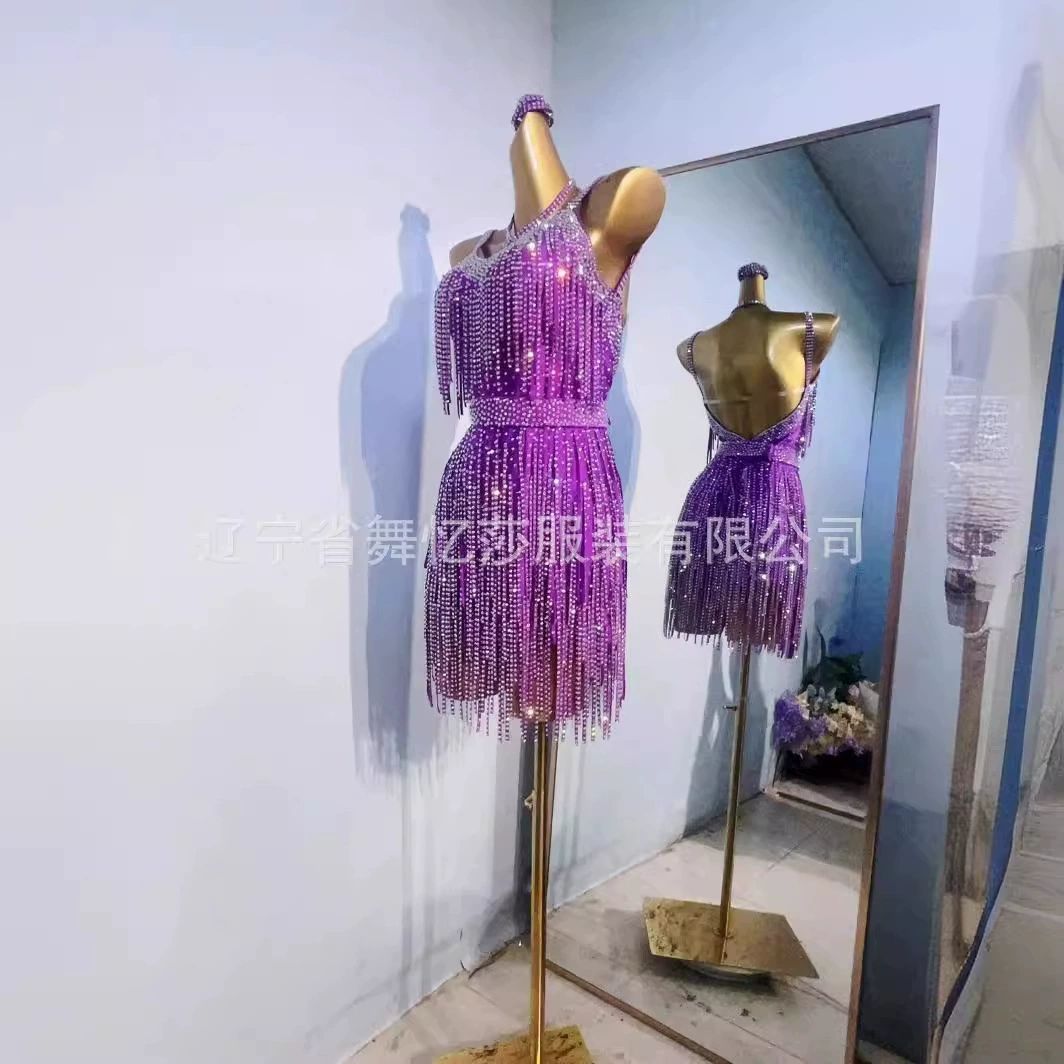 Латинский танцевальный костюм фиолетовый стразы с кисточками блестящие хрустальные бальные платья сексуальная сцена без спинки танцевальный костюм