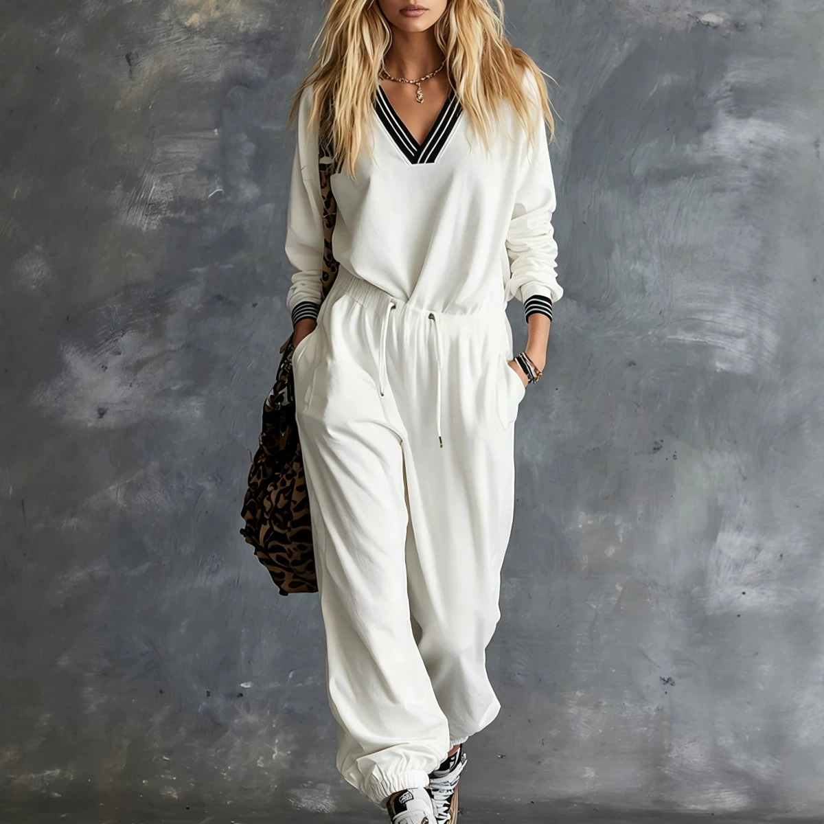 2026 New European and American Cross-Border Amazon Casual Sportswear Striped V-Neck Sweatshirt and Sweatpants Set