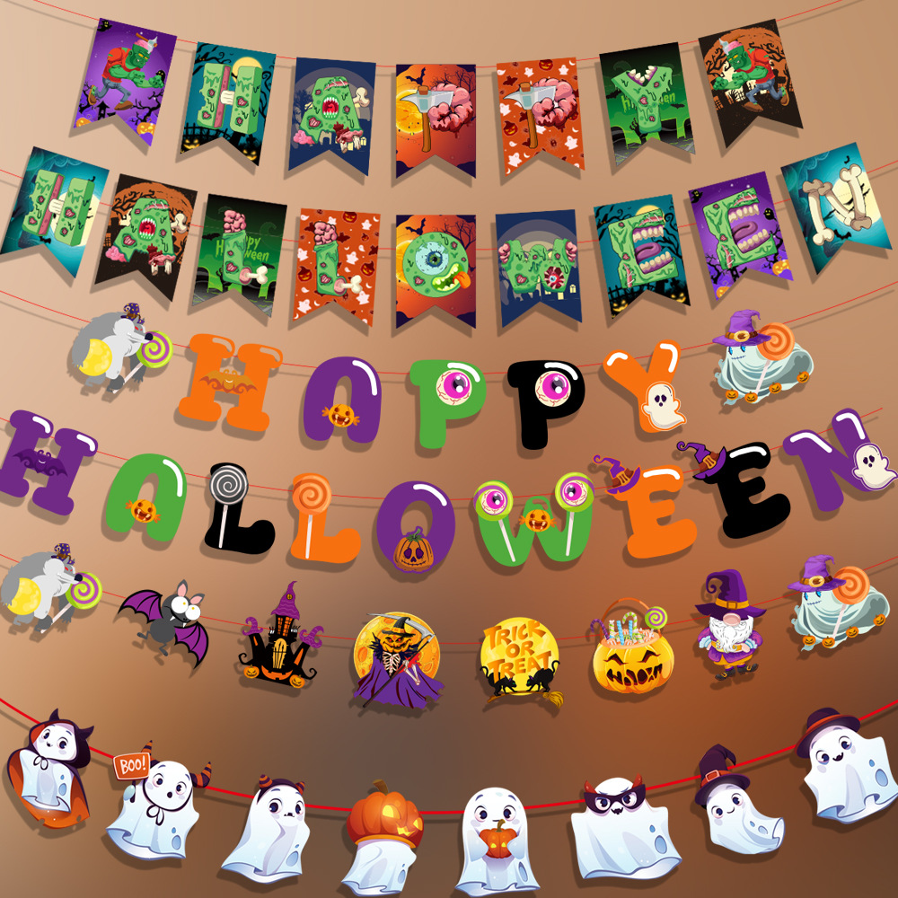 Carta de Halloween dibujos animados bandera de papel colorida fantasma fiesta atmósfera decoración fantasma zombie Rudolph la flor