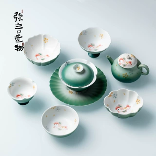 弥言手绘花隅嬉兔茶具套装轻奢手绘茶壶盖碗主人杯功夫茶具高颜值