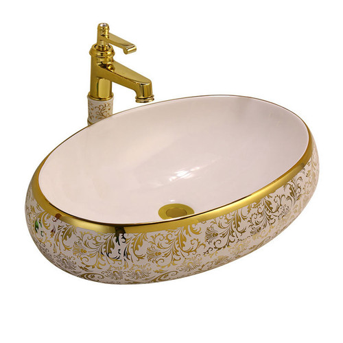 European-style electroplated ceramic face basin bathroom sink gold-plated basin with floral design luxury gold-colored pedestal sink
