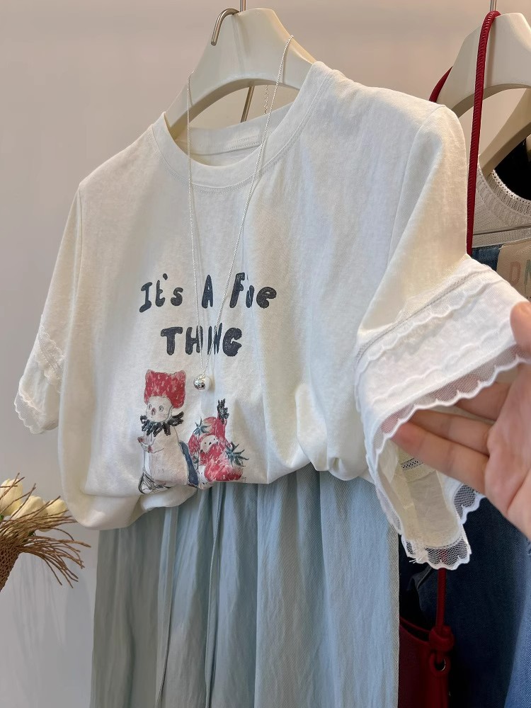 Super Beautiful Lace Sleeves! Korean Simple Casual Strawberry Print Cartoon Youthful Versatile Slimming Short-Sleeve T-Shirt for Women