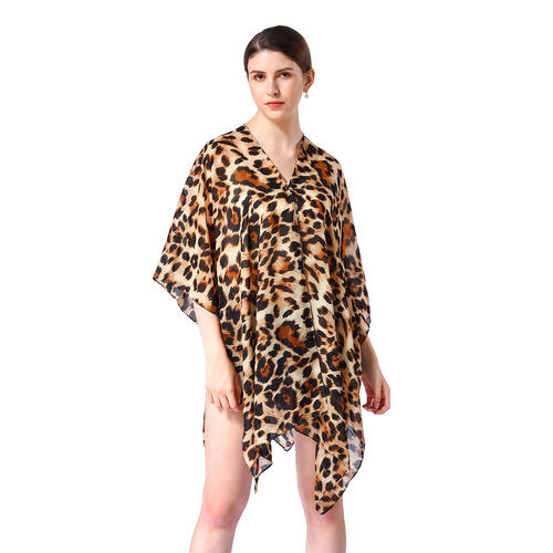 Summer leopard print chiffon sunshading coat with pearl buttons beach robe swimsuit coverall