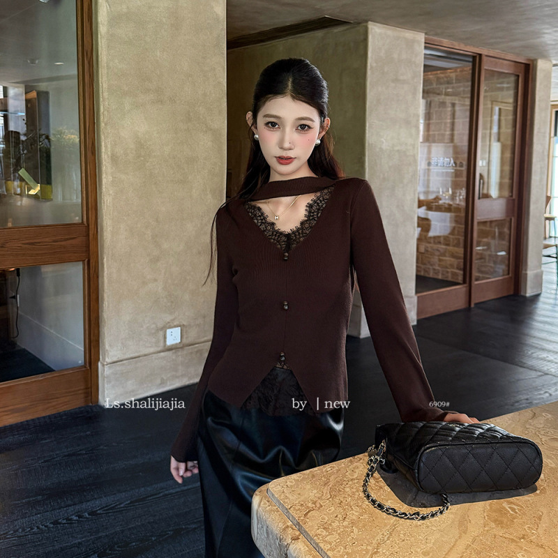 LS述致 花边拼接设计针织小衫上衣女2025秋新款内搭毛衣女装6909#|undefined