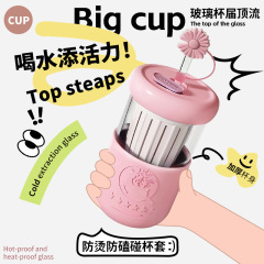 ガラス製カップ 女性用 耐熱 クリスタル 茶水分離セット ティーカップ ストロー付き ウォーターカップ コーヒーカップ ポータブル 漫画柄