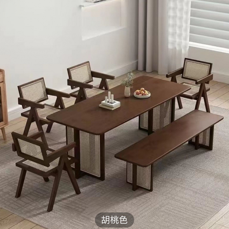 Nordic Solid Wood Dining Table Home Rattan Table Rectangular Dining Table and Chair Homestay Milk Tea Shop Table and Chair suit Table