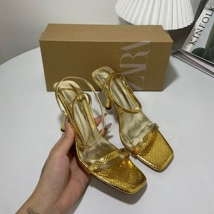 ZA2024 New Stiletto High-heeled Women's Shoes Square Toe One-word Strap Gold Snake Pattern Open Toe Back Strap Slinged Sandals for Women