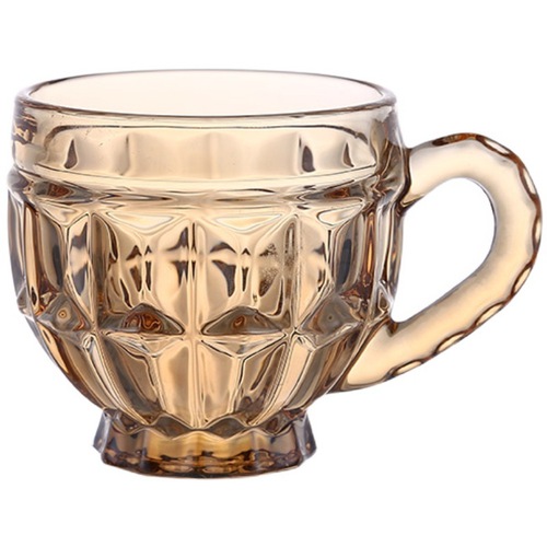 3WKF法式琥珀色浮雕玻璃杯复古带把ins风小水杯咖啡杯茶杯杯