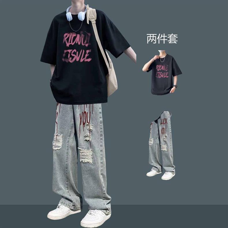 Summer Men's Short-Sleeve T-Shirt Set with Jeans Casual Men's Fashion Trendy Brand Height-Enhancing Two-Piece Set