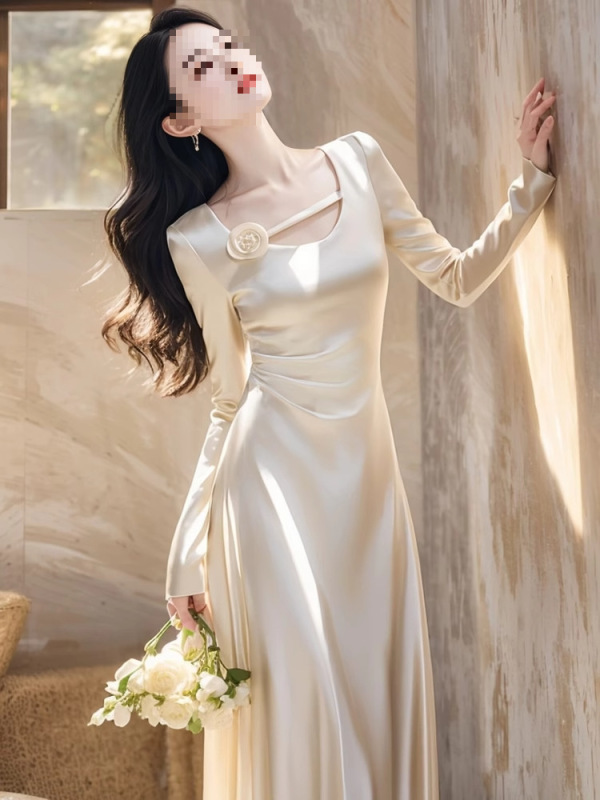 Elegant White Satin Dress for Formal Occasions, French-Style Chanel-Inspired Waist-Cinching Long Dress for Autumn Wear