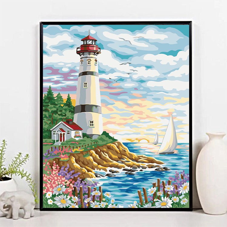 Pintura al óleo digital DIY al por mayor, paisaje costero, arquitectura, pintura decorativa para colgar en la sala de estar, pintura decorativa de villa costera, 30*40*5 image 8