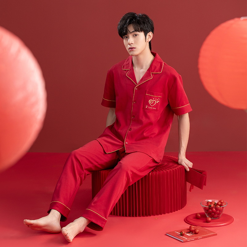 Pijamas de las mujeres verano algodón manga corta media manga Pantalones rojo año nacimiento boda desgaste del hogar verano 2024 Nuevo