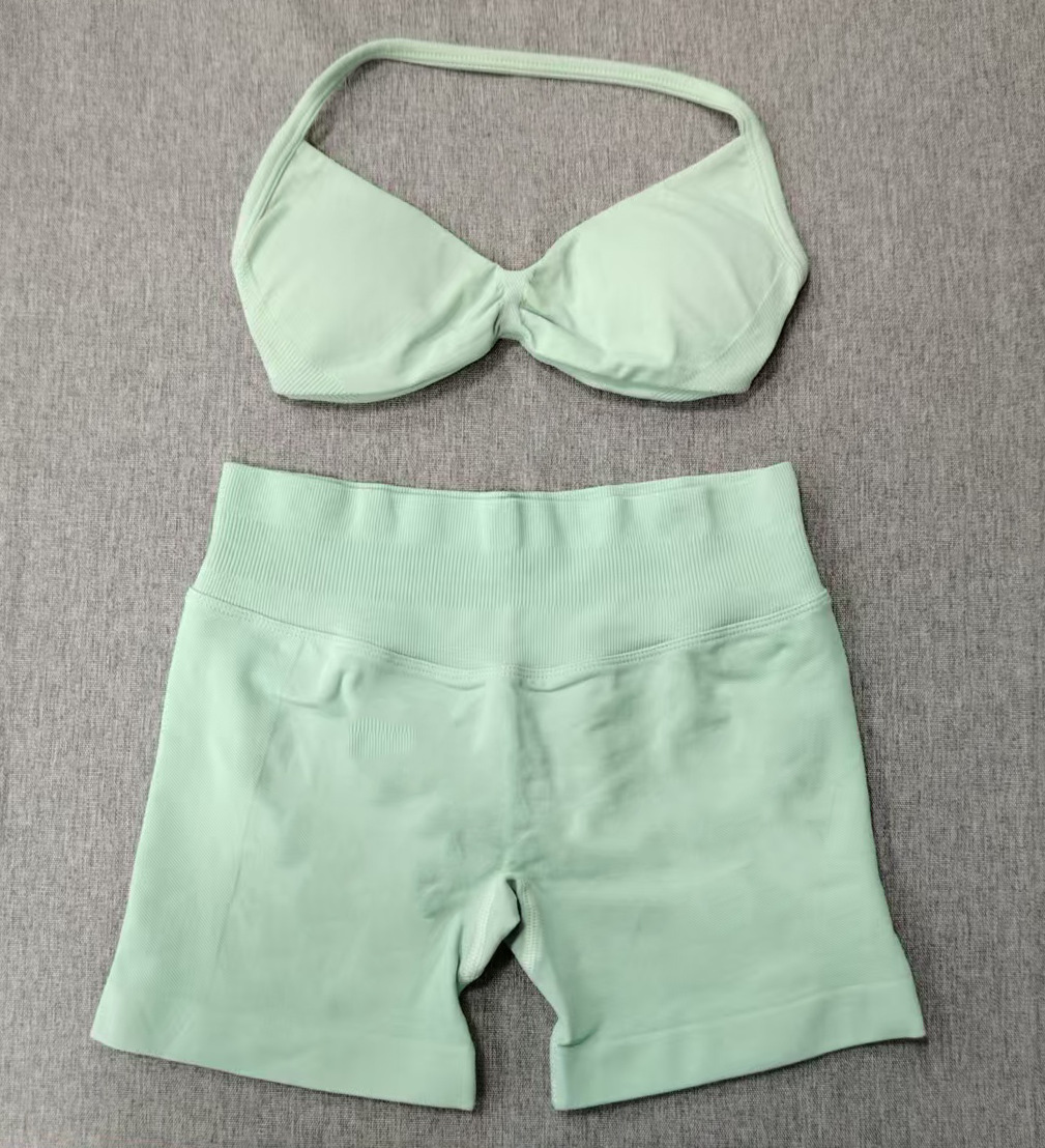 Conjunto DF Amazon pantalones cortos explosivos sujetador pequeño alto elástico superfino nailon halter cuello hermoso chaleco deportivo trasero